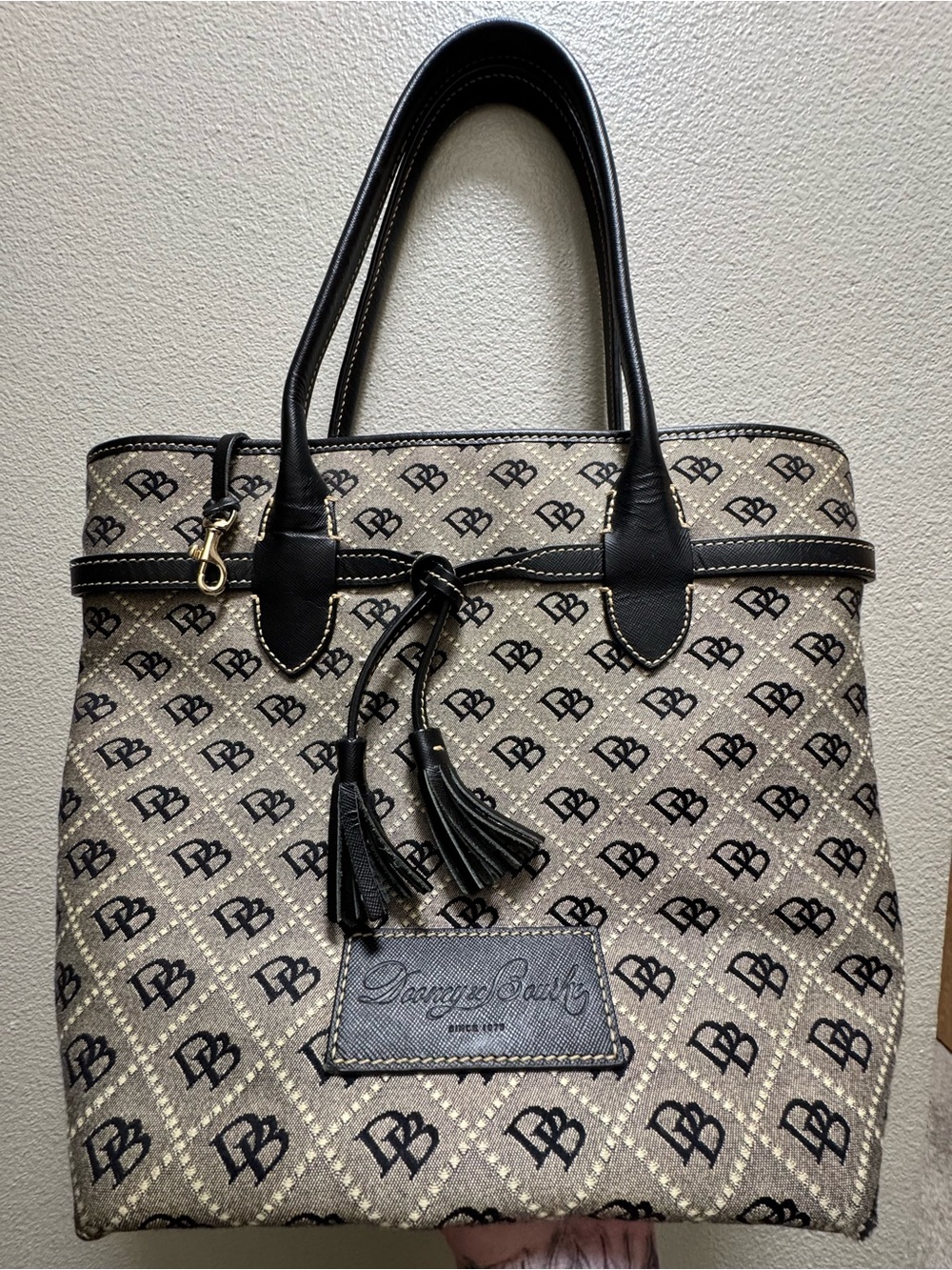 Dooney & Bourke Beige Monogram Tote with Black Trim